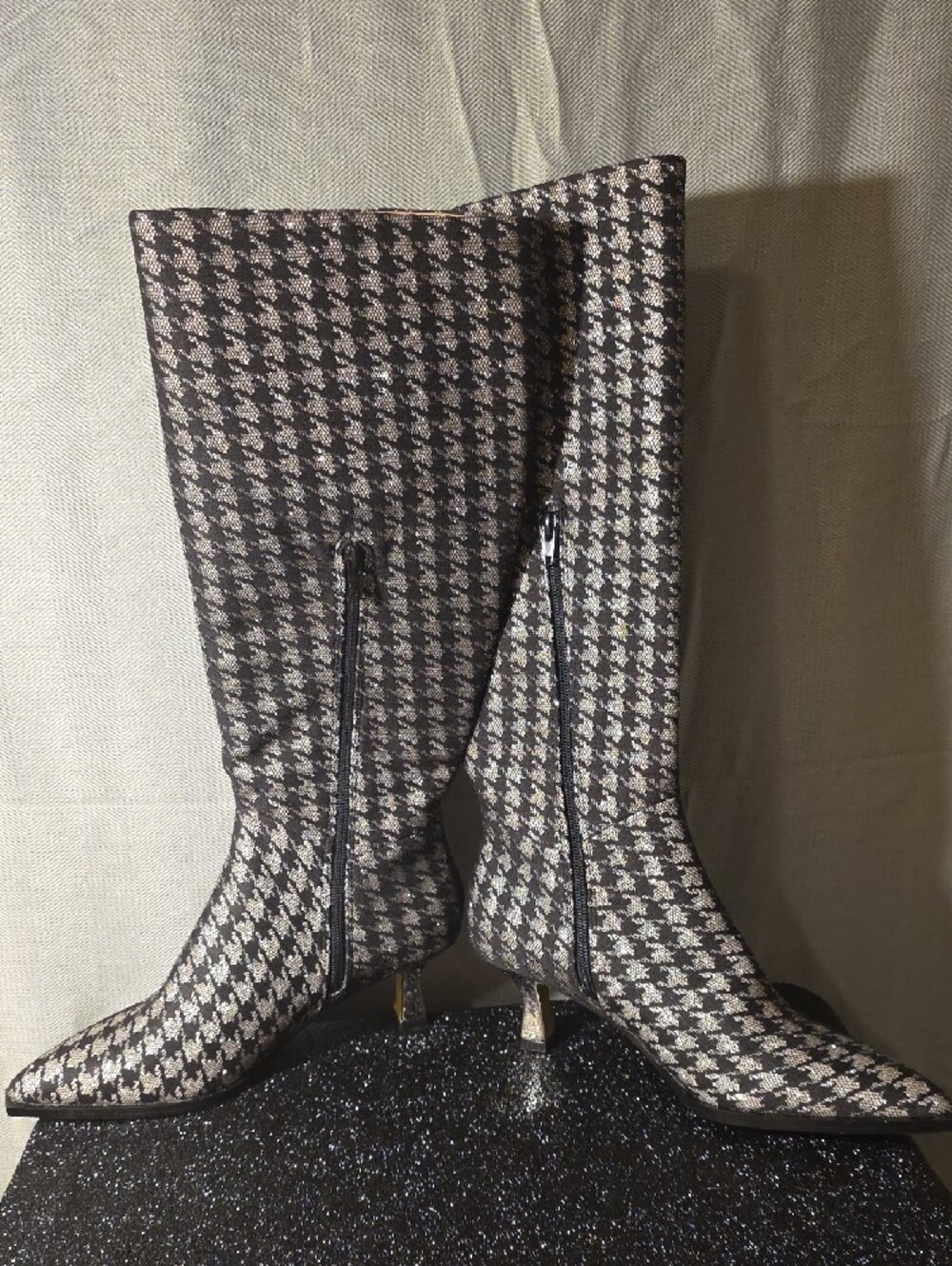 Pointed Toe Knee-High Houndstooth Boots in Black and Cream - Picture 3 of 8